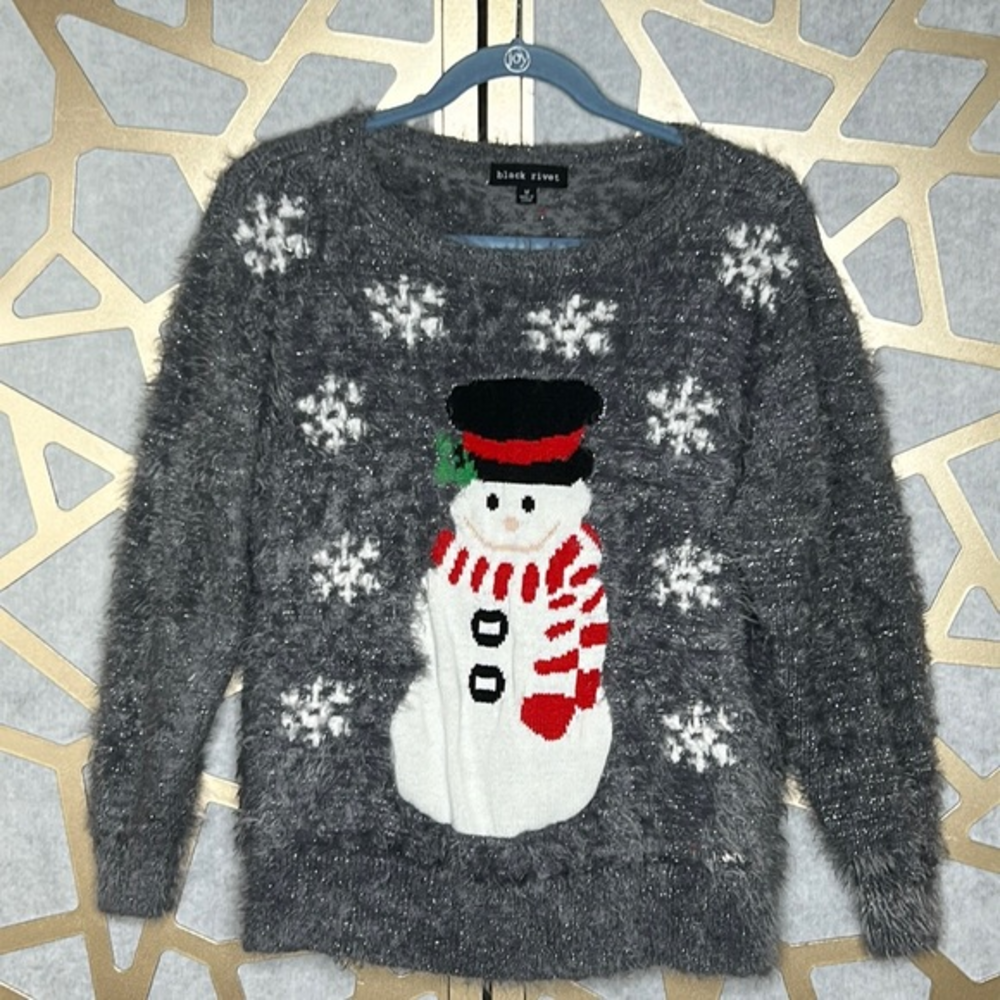 Black Rivet Soft Gray Snowman Eyelash Sweater Holiday Xmas